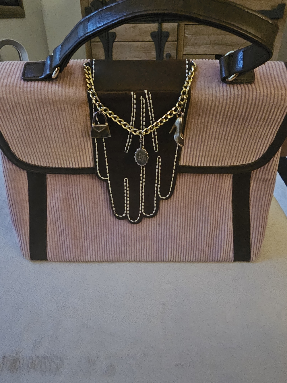 LULU GUINESS PINK/MAUVE Corduroy Handbag with Decorative CHARM Bracelet